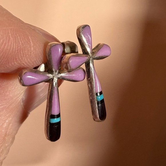 Vintage Native American Zuni Mosaic stone sterling silver cross earrings